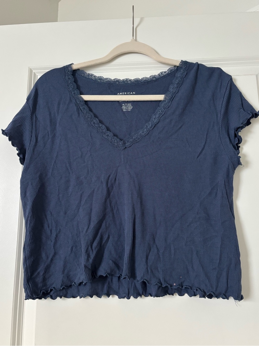 American Eagle Outfitters Navy Ribbed Lace-Trim V-Neck Crop Top